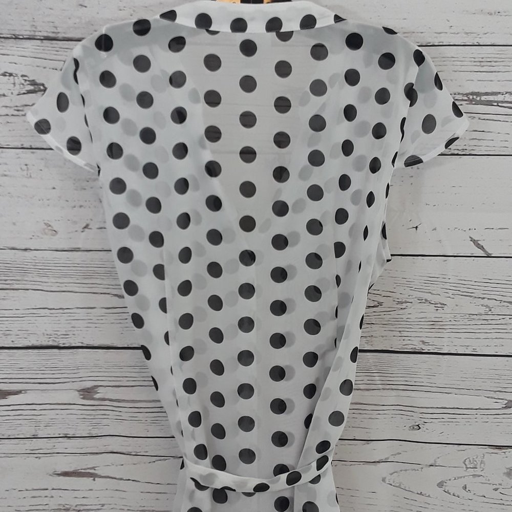 White w/Black Polka Dot Sheer Ruffled Top Blouse L - Picture 3 of 4
